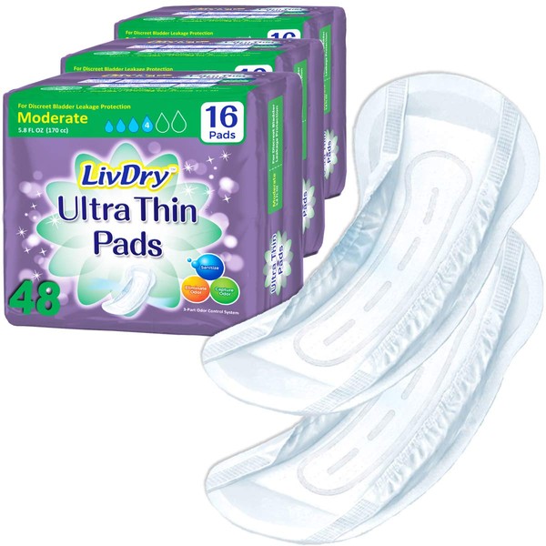 LivDry Incontinence Ultra Thin Pads for Women | Leak Protection and Odor Control | Extra Absorbent (Moderate 48-Count)