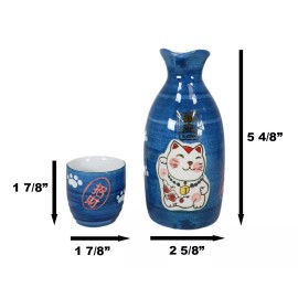 Ebros Gift Porcelain Blue Jeans & White Bamboo Japanese Sake Rice Wine Flask And 4 Cups Set