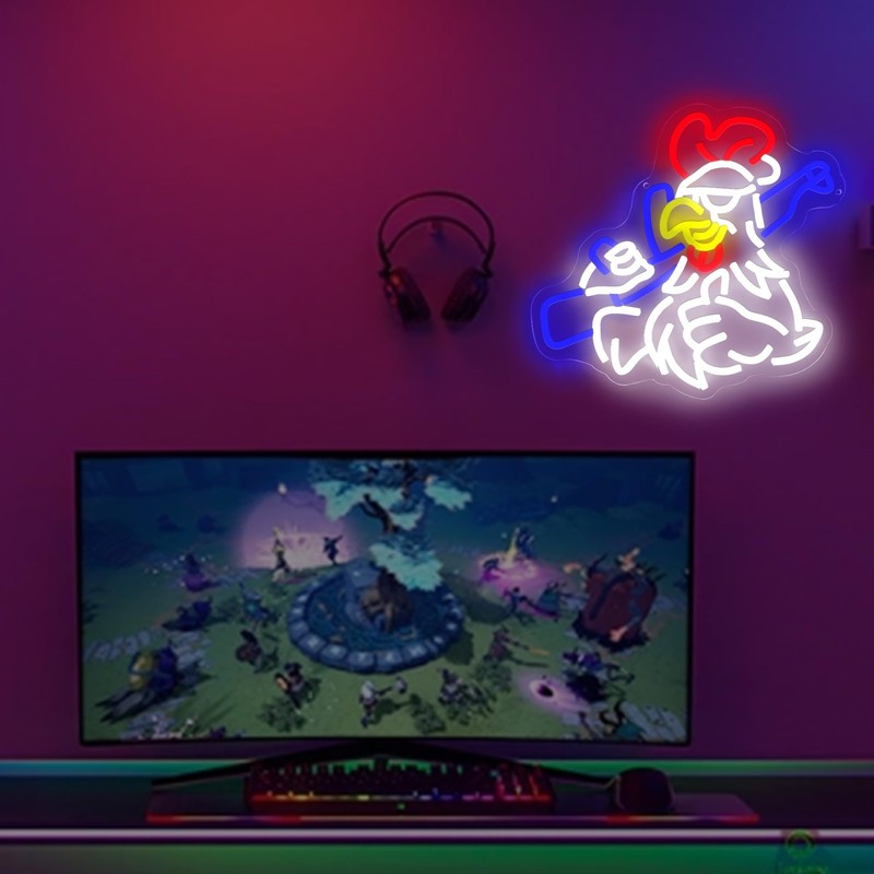 Chicken Shooting Neon Sign for Game Room, Rifle Led Sign