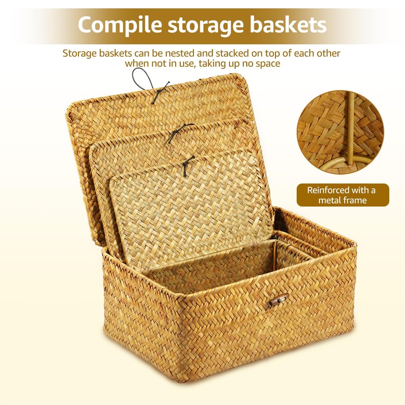 3 Pack Wicker Storage Basket with Lid Rectangle Hand Woven