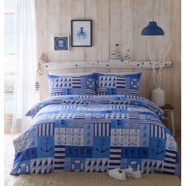 Portfolio Home Regatta Nautical Blue Single Reversible Soft Easy Care Bed Linen Bedding Duvet Cover Quilt Set With Pillow Case