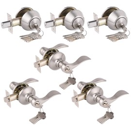 Wave Entry Door Levers and Double Cylinder Deadbolt Combination Lockset,Satin Nickel Finished, Keyed Alike Entrance Door Locks,Universal for Right and Left Handed Doors,3Pack