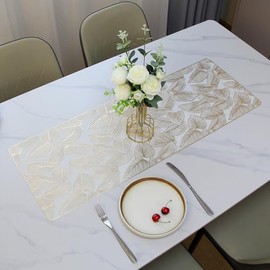 Hosoncovy PVC Table Runner Non-slip Decorative Leaf Table Mats Placemat for Home Party Kitchen Dining Wedding Decor (91CM X 33CM) (Gold)