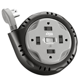 KMC 4-Outlet Surge Twist Cord Reel, Retractable Power Strip Surge Protector, 735J Surge Protection, 5ft Long Retractable Extension Cord, 3-Prong Low-Profile Flat Plug, UL/ETL Certified, Gray