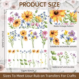 ZMRU 3 Sheets Vintage Rub On Transfers for Crafts, Rub On Transfers for Furniture Decals, Wood, Glass, Porcelain, Scrapbooking,Journals, 12 * 6inch(Sunflower Floral)