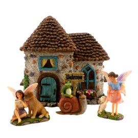 PRETMANNS Fairy Garden House Kit – Complete with Accessories for an Outdoor or Indoor Miniature Garden, Figurines with a Frog and Snail Sign - House 6.5” High with Door That Opens – 4 Pieces