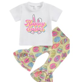 Momkonzz Toddler Girls Easter Outfits Little Girls Bunny Easter Egg Print Tops and Pants Clothes Set Children Short Sleeve Summer Clothing 1-2 Years