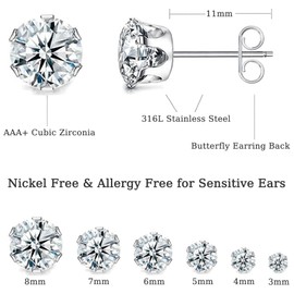6 Pairs Earrings Set, 316L Surgical Steel Earrings for Men and Women, Cubic Zirconia Stud Earrings Set, Hypoallergenic Stud Earrings, 3-8 mm, 316L surgical steel and AAA+ zirconia