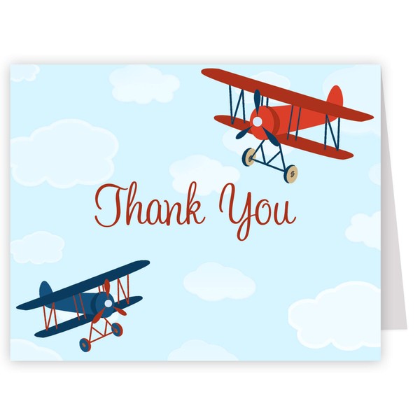 The Invite Lady Airplane Thank You Cards Baby Shower Birthday Kids Up Up and Away Vintage Retro Red Blue Folded Thank You Notes (24 Count)
