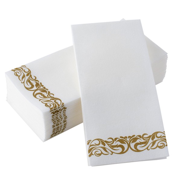 Toallas desechables de lino para invitados para baño, toallas de mano blancas decorativas, servilletas de papel floral doradas, paquete de 50