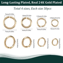 SUNNYCLUE 1 Box 200Pcs 4 Sizes Real 24K Gold Plated Brass Open Jump Ring Jewelry Split Rings Bulk Round Loops Circle Connector Ring for Jewelry Making Necklace Bracelet Keychain DIY Crafts Findings