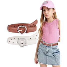 Monopa 2 Pack Kids Leather Girls Belt, with Heart Buckle for Pants Dress, Brown and White, Fit Waist 22''-26''
