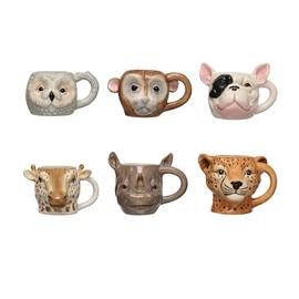 Creative Co-Op 5.25 Inches Dolomite Animal Head Designs, Multicolor, Set of 6 Mugs