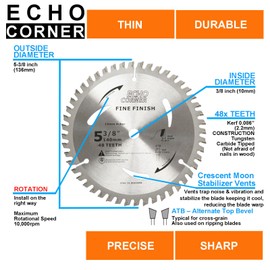 Echo Corner 5-3/8" (10mm Arbor) Circular Saw Blades 48Tooth, Fine Cut Fine Finish Crosscut Framing Ripping Wood Plywood MDF Plastic Veneer Lumber Laminate (5-3/8" x 10mm Arbor x 48Tooth)