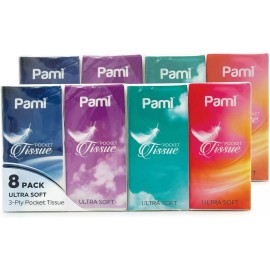 PAMI Ultra-Soft Pocket Tissues [8 Packs x 10 Tissues Per Pack] - 3-Ply Travel Ti