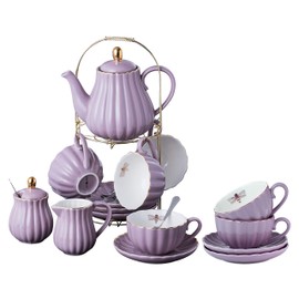 Jusalpha Serve for 6- Fine China Pink Coffee Cup/Teacup Set, 8 OZ Cups& Saucer, with Teapot-Sugar Bowl-Cream Pitcher Teaspoons and tea strainer for Tea/Coffee (Lavender, Serve of 6)
