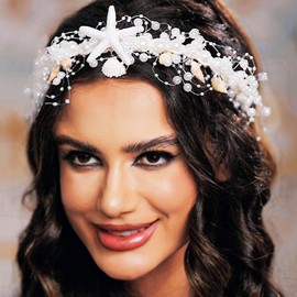 Aukmla Starfish Headband Silver Pearl Bridal Headpiece Shell Beach Wedding Hair Accessories for Women and Brides (White, One Size)