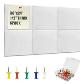 Large Cork Board 36" x 24"，6 Pack Felt Wall Tiles with Colored 50 Pcs Pushpins, 0.5 Inch Thick Bulletin Board with Self-Adhesive, Pin Board Cork Boards for Walls Office Home(White)