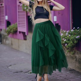 Buer Homie TüLrock Women's Long, 3-Layer Tulle Skirt with Mesh Insert, Cosy and Comfortable Midi Skirt for Office, Parties and More, Green, Unit size