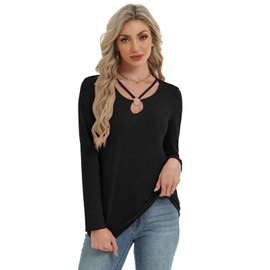 2025 Women's Long Sleeve Tops Keyhole Neck Detail Crew Neck Shirts Ring Cut Out Design Stretchy Tees (US, Alpha, Medium, Regular, Regular, Black)