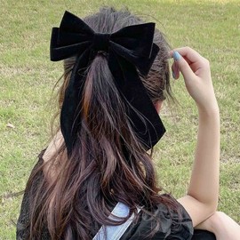 Allereya Vintage Velvet Bow Hair Clip Barrette French Velvet Bow Head Clip Black Ribbon Bow Hair Clip Headpieces Long Velvet Bow Hair Accessories for Women and Girls (Black)
