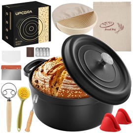UPCERA 5QT Cast Iron Dutch Oven for Bread Baking, Proofing Basket Sourdough Starter Kit, Bread Making Pan Pot with Lid, Sour Dough Tools Set Includes Lame Supplies, Gifts for Baker