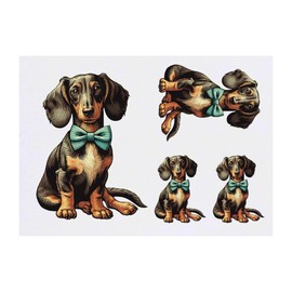 4 x 'Dachsund With Blue Bow Tie' Temporary Tattoos - Water Resistant, Skin-Safe, Non-Toxic Transfers, Mixed Sizes (TO00077432)