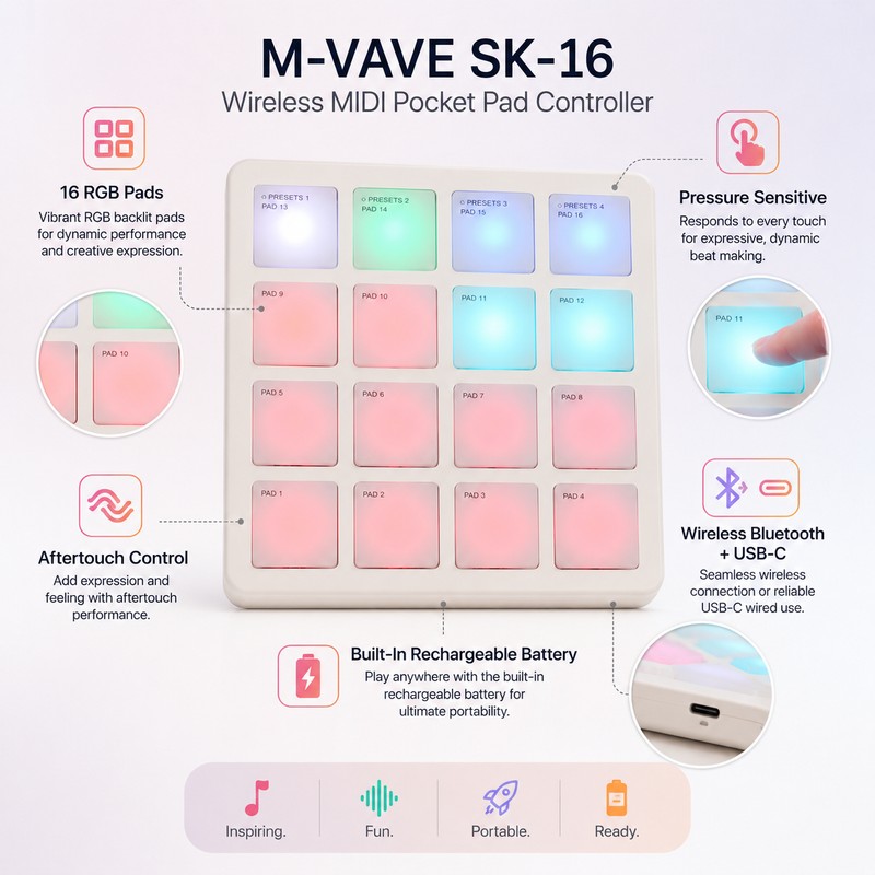 Wireless MIDI Pad Controller for Beat Making – 16 RGB