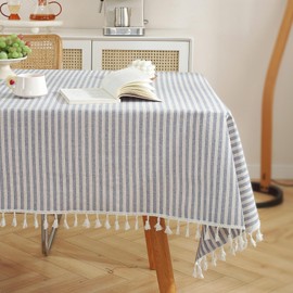 meioro Table Cloth Blue White Striped Tablecloth Tassels Cotton Linen Dust-Proof Table Cover for Dining Coffee Buffet Kitchen Picnic Tables, Parties Holiday Tablecloths (55x70 Inch)