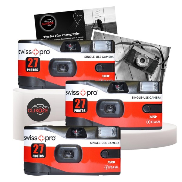 Disposable Cameras Multipack - Bundle with 3 X Swiss+Pro Disposable Camera Single-Use Film Cameras with 27 Exposures and Clikoze Disposable Photography Tips Card