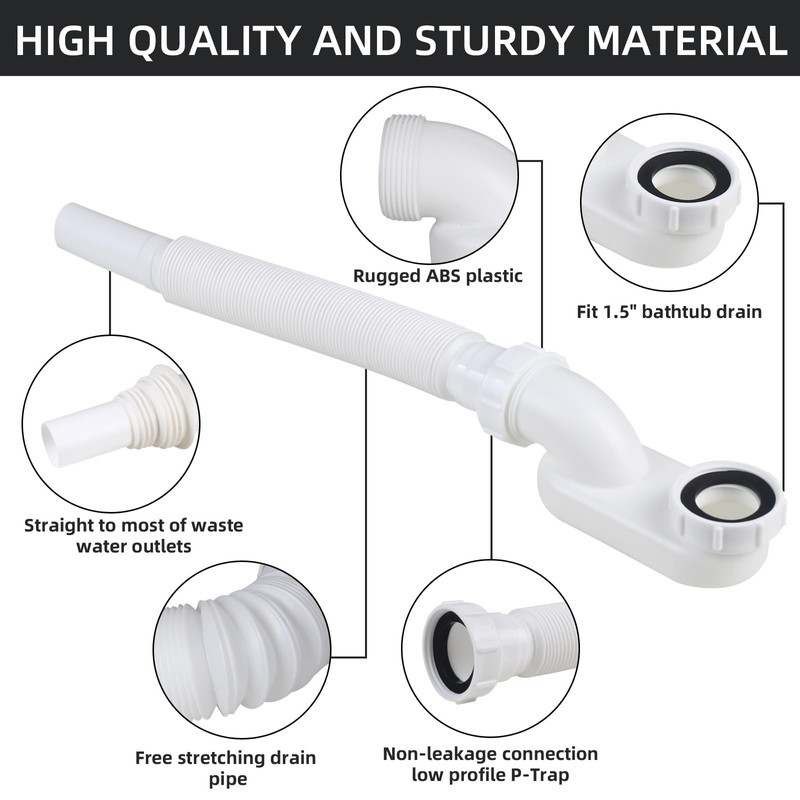 YYinno Flexible Bathtub Drain Pipe, Upgraded No-leak Low Profile 1