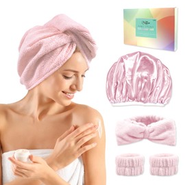 my novel things shower cap and Hair Towel set Includes 1 shower cap reusable waterproof, 1 Hair towel wrap for women & 1 spa headband and 2 wristbands, Soft and Breathable for Long Thick Hair-SkinPink