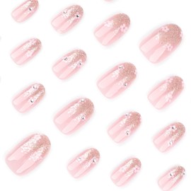 Almond Fake Nails Short Press On Nails Flower Nails Press Ons Acrylic False Nails With Glitter Designs Glossy Glue On Nails Short Nude Pink Full Cover Stick On Nails For Women 24Pcs