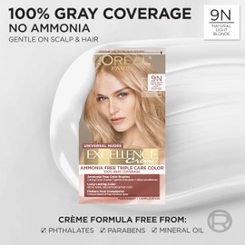 L’Oreal Paris Excellence Universal Nudes Permanent Hair Color, Ammonia Free Hair Dye for Gray Hair Coverage, 9N Natural Light Blonde, 1 Hair Dye Kit