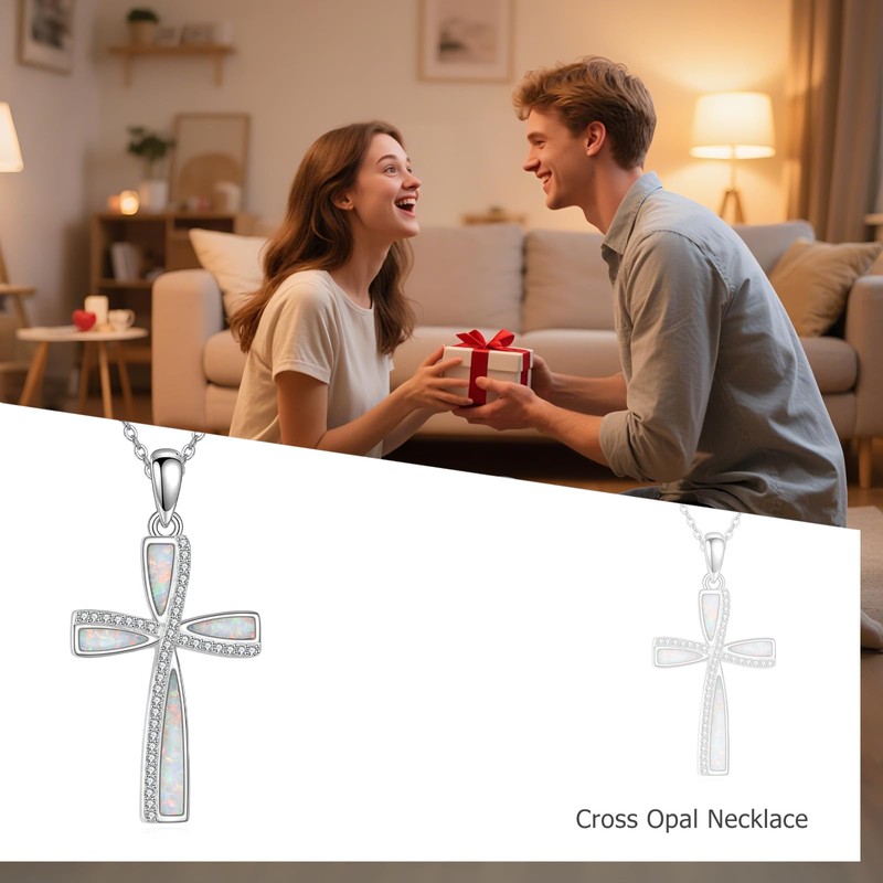 URONE Opal Cross Necklace for Women 925 Sterling Silver White