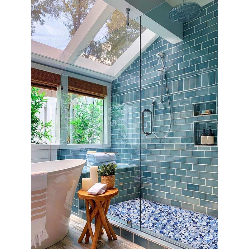 Parrotile Blue Shower Floor Pebbles Tile Bathroom Mosaic Backsplash Wall