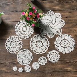 MINDPLUS Set of 12 Hand Crochet Doilies Cotton Crocheted Lace Doilies 1-8 Inches Round White Vintage Wedding Crafts (12pcs White)
