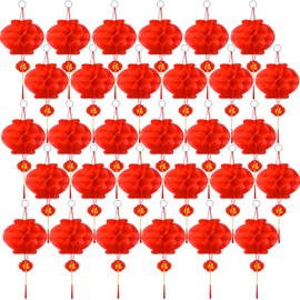 Pangda 30 Pieces Chinese Red Paper Lanterns 2025 Chinese New Year Decorations Hang Lantern Decor for Spring Festival