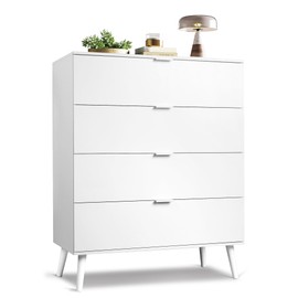WLIVE 4 Drawer Dresser for Bedroom, Tall Wood Dresser, White Dressers Storage Organizer with Sturdy Metal Handle, Chest of Drawers for Living Room, Hallway, Closet