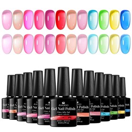 MSRUIOO Neon Jelly Gel Nail Polish Set Crystal Gel Polish Pastel Pink Blue Green Transparent Manicure Kit 12PCS*8ML
