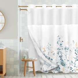 Tititex No Hooks Snap in Liner Watercolor Blue Floral Shower Curtain Sets, Hotel Luxury Double Layers Waterproof Fabric & See-Through Top Window Bathroom Decorative 71x71 Inch