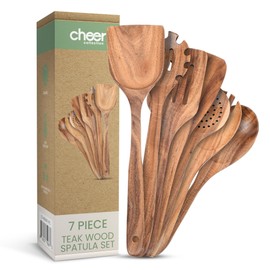 Cheer Collection Wooden Utensil Set - 7 Piece Cooking Utensils, Teak Wooden Spoons & Spatulas for Cooking, Heat Resistant, Non-Stick, and Safe Wooden Cooking Utensils