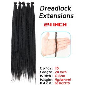 MISS SULA 24 Inches Single Ended Dreadlock Extensions for Women(0.6 cm Width,50 Strands,Natural Black),Faux Locs Crochet Hair,Soft Synthetic Loc Extensions(24"-5 Packs,1B)
