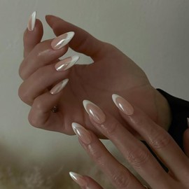 Glazed Donut White French Tip Press on Nails Almond, Nude French Chrome Nails Press ons for Women, Aurora Glue on Nails Medium Length, Reflective Mirror Acrylic Nails Light Weight Fit Perfectly