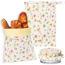 GQIRIL Reusable Beeswax Bread Bags - 3 Pack Bees Wax Food Bag, Homemade Sourdough Bread Storage with Bowl Cover, Linen Cotton Large Beeswax Freezer Container for Home Kitchen (Watercolor Flowers)