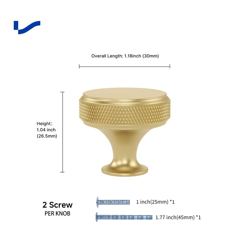 LONTAN 5 Pack Brass Drawer Knobs Knurled Gold Drawer Knobs