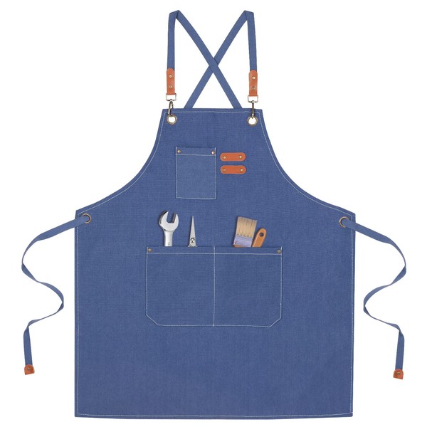 Uxcell Chef Apron for Men and Women with Large Pockets, Cotton Canvas Cross Back Aprons for Kitchen Cooking Art Painting, Fits for Size M to XXL, Blue