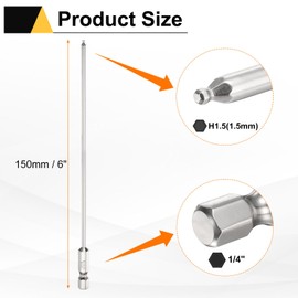 sourcing map 10pcs Ball End Hex Screwdriver Bit H1.5 (1.5mm) Head 1/4" Hex Shank 150mm (6") Long Magnetic S2 Steel Metric Screw Driver Drill Bit Wrench Socket Power Tool