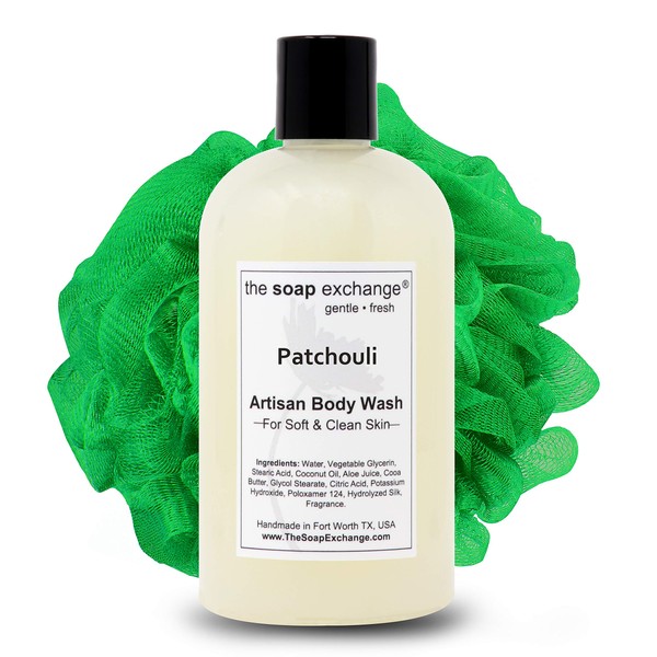 The Soap Exchange Body Wash - Patchouli Scent - Hand Crafted 12 fl oz / 354 ml Natural Artisan Liquid Soap for Hand, Face & Body, Shower Gel, Cleanse, Moisturize, & Protect. Made in the USA.