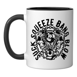 Suck Squeeze Bang Blow Motorcycle V-twin Engine Skull Design Ceramic Mug, Black/White